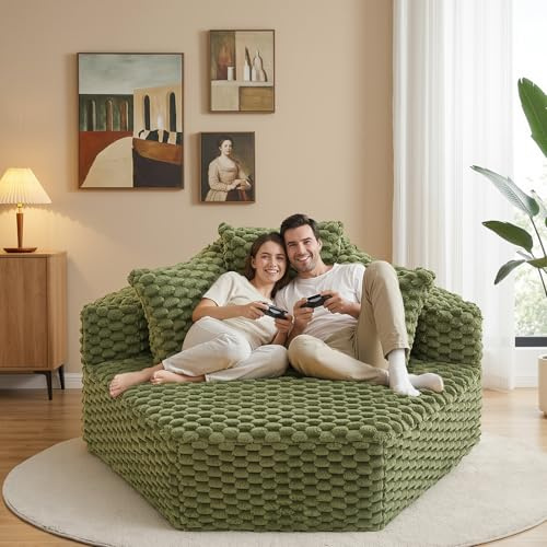 3 Seater Floor Sofa, Hexagon Modular Cloud Sofa with 3 Pillows and Wide Arm, No Assembly, Strong Rebound Lounge Chair, Corduroy Boneless Couch Bed for Living Room Bedroom Flat, 158×120×80cm Load 450KG