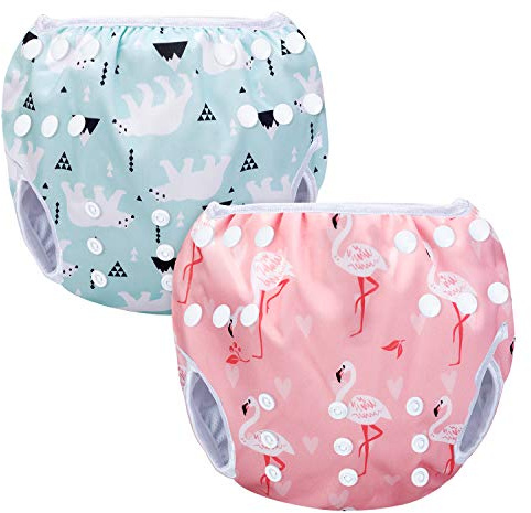 Luxja Reusable Swimming Nappy (Pack of 2), Pink Flamingo + Polar Bear | Adjustable Swim Nappies for Baby (0-3 Years)