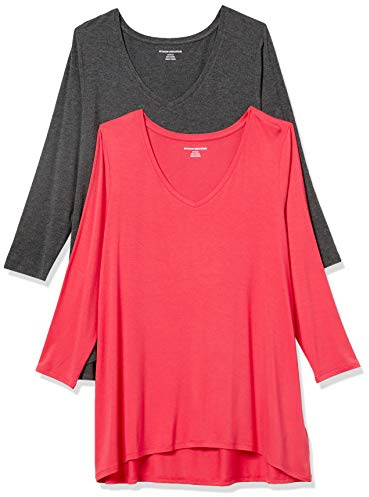 Amazon Essentials Women's 3/4 Sleeve V-Neck Regular Fit Swing T-Shirt (Available in Plus Size), Pack of 2, Charcoal Heather/Red, XX-Large