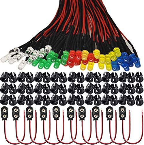 RUNCCI-YUN 50 st 5 mm lysdioder, 12 V förkopplat ljus, förkopplade LED, dioder ljus, 20 cm förkopplat ljus rödgulgrönblåvit + 50 st 5 mm LED-monteringsringar 9 V batterianslutning