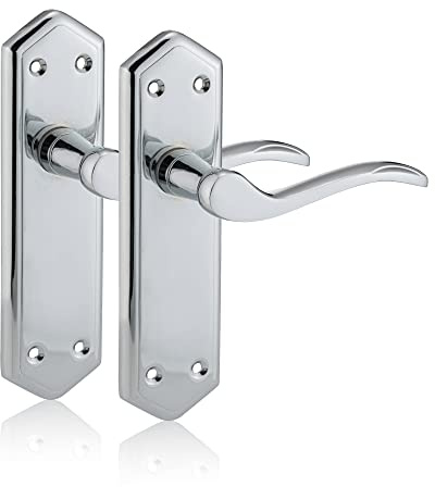 XFORT Chrome Elegance Range Polished Chrome London Suite Lever Latch Handles, Polished Chrome Long Backplate Door Handles, Contemporary Design for Internal Wooden Doors (1 Pair)