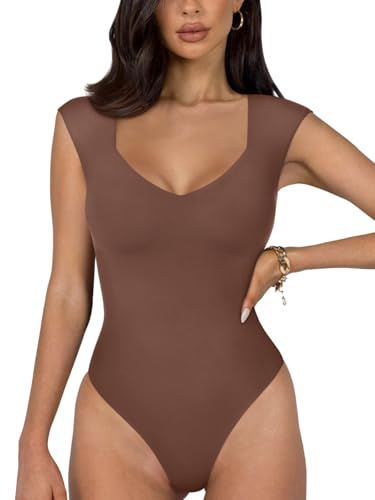 REORIA Damen sexy lässiger doppelt gefütterter ärmelloser Schlankheits Body mit V-Ausschnitt Shapewear Formende Bodys Kaffee L
