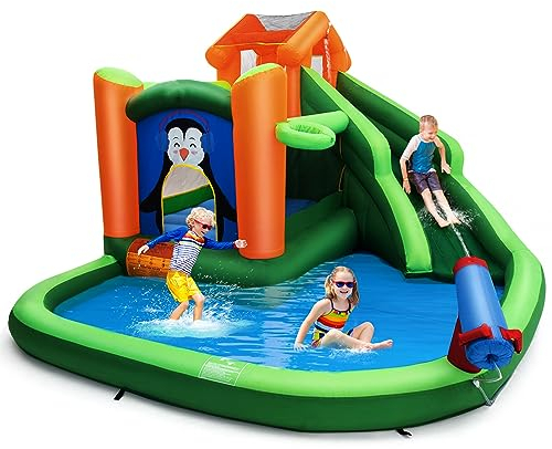 COSTWAY Castello Gonfiabile per Bambini, Con Scivolo, Trampolino, Piscina e Canestro da Basket, per 3 Bambini di 3-10 Anni, Con Borsa di Trasporto e Kit di Riparazione, 370 x 300 x 190 cm (Modello 2)