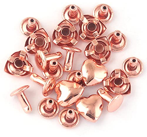 Tubular Double Cap Rivets - Mix Color Heart Shape Rivets 10mm Metal Button Round Rapid Rivet Rivet Studs for Purse Handbags Shoes Belts Leather Craft (Rose Gold Heart 100pcs)