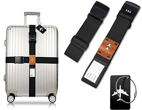 Eowppue Correas Equipaje y Maletas Seguridad Cruzado Ajustable con Etiquetas y Cerradura para Cerrar De Forma Segura Mientras Viajas (Negro)