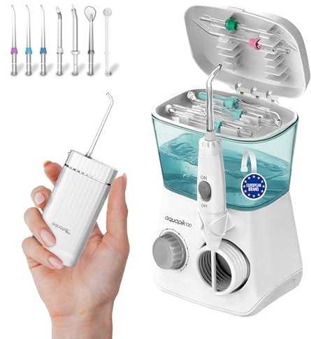 Aquapik® 100 idropulsore dentale Professionale | Elimina la Placca + Raccomandato dai dentisti + Cura i tuoi Impianti e Ortodonzia | 8 Ugelli + 10 Livelli di Pressione (Bianco - Biancio)