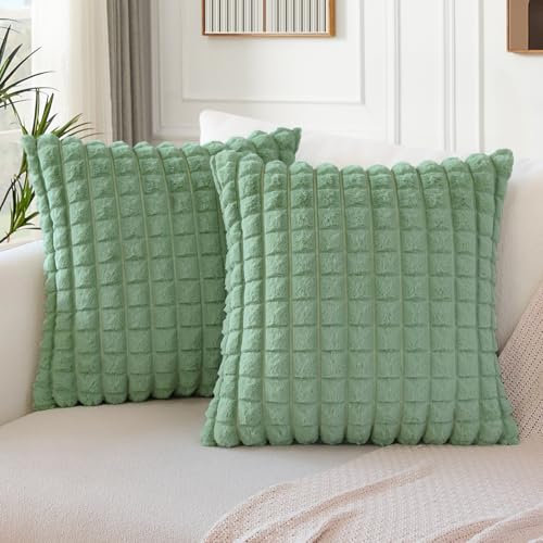 Soleebee 2er Set Plüsch Samt Kissenbezüge, Weiche Künstliche Pelz Plaid Textur Kissenbezug Sofa Zierkissenbezüge Dekokissen Kissenhülle Set für Couch Schlafzimmer Zuhause Dekor (40x40cm, Hellgrün)