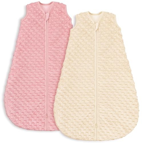 Looxii Paquete de 2 Saco de Dormir para Bebé de Invierno Algodón 1.5 TOG Cálido Manta Envolvente Transpirable Saco de Dormir para Unisex Niñas Niños 12-18 Meses Rosa y albaricoque