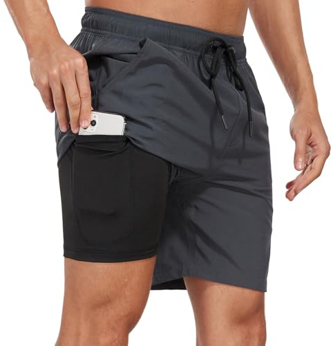 COONE Mens Swimming Shorts con Compression Liner Swim Trunks Costume da Bagno 2 in 1 Stretch Beach Shorts con Tasche con Cerniera Asciugatura Rapida Estate Surf Sport