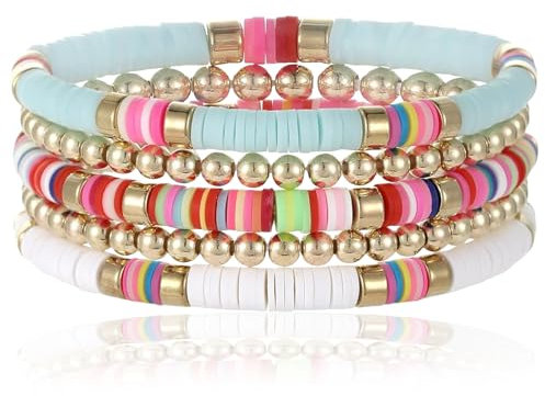 Nayyana 5 Stück Surfer-Armband für Frauen und Mädchen, Bohemian-Stil, stapelbar, geschichtete Freundschaftsarmbänder, Stretch-Muschelarmbänder, elastischer Boho-Sommer-/Strandschmuck