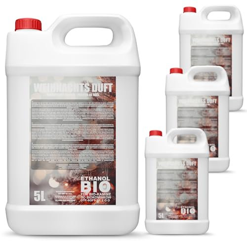 20 litres de bioéthanol de qualité supérieure 96,6 % pur - 4 x 5 l de combustible écologique pour cheminées à l'éthanol - Combustion propre, sans fumée - Flamme vive et stable (parfum de Noël)