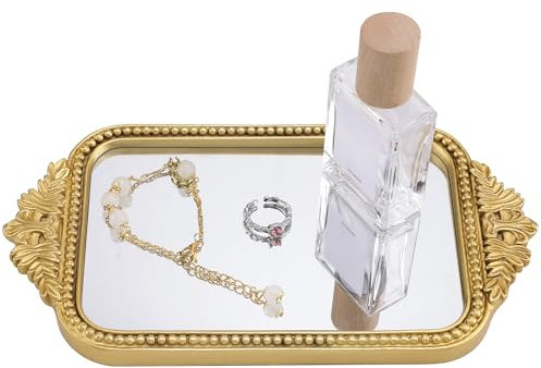 Navaris Plateau de Rangement Decoratif - Plateau en Verre Miroir Design Dore à Bijoux et Parfum - Décoration Salle de Bain ou Table