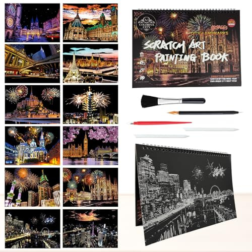 12 Pages Scratch Art Book Rainbow Scratch Art Adults City Series Scratch and Sketch Books for Arts and Crafts Party Favors （City Series A）