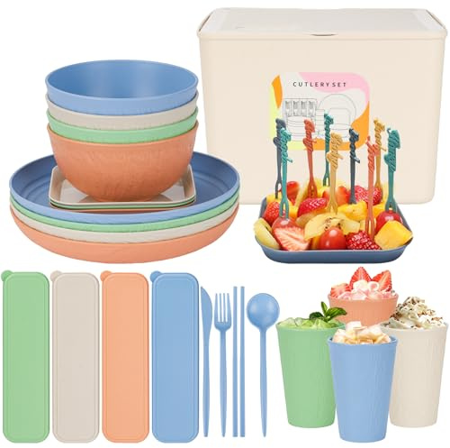 Set di stoviglie da 49 pezzi per 4 persone, set di piatti e ciotole infrangibili con scatola portaoggetti, set di stoviglie riutilizzabili, set di posate per campeggio, scuola, casa, feste