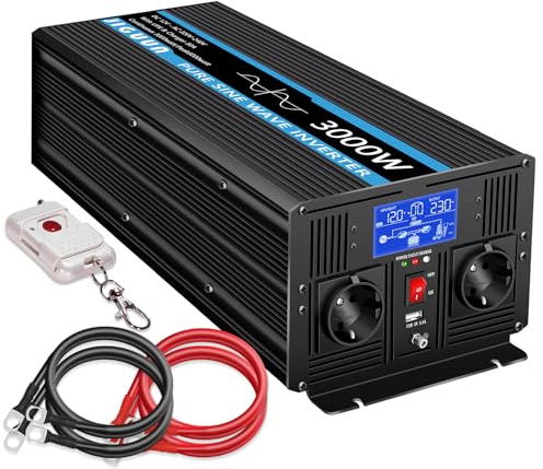JIGUUN 3000W Wechselrichter Reiner Sinus Spannungswandler 12v 230v Mit 30A-Ladegerät und Netzvorrangschaltung und USV, 2 EU Steckdosen，Kabellose Fernbedienung und LCD-Anzeige