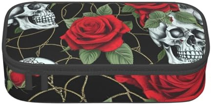 DDSFvbv Skull and Red Rose Pencil Case - Student & Office Supplies - Item Storage Bag- Makeup Bag- Large Stationery Bag