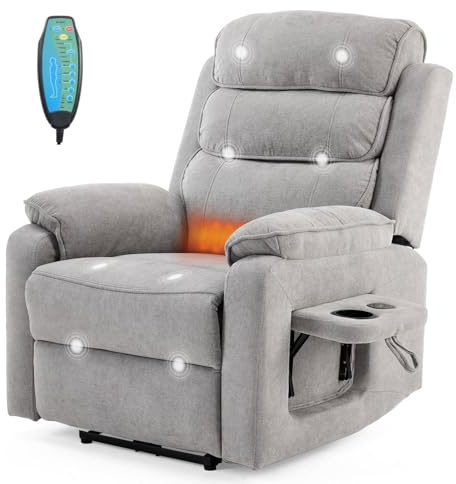 LEADZM Fernsehsessel Relaxsessel mit drahtloser Ladevorrichtung, 1 USB-Anschluss, 1 USB-C-Ladeanschluss, Liegen TV Sessel mit Heizung, Vibrationsmassage, Seitentaschen, Getränkehalter (Hellgrau)