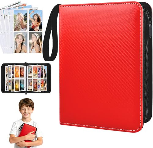 Trading Card Binder 400 Pockets - PU Leather Card Collection Folder Zip with Carry Strap, 4 Pocket Photocard Album Binder Top Loader Trading Card Folder for Games, Sports, TCG, MTG,Football Gifts