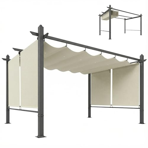 Outsunny Pérgola de Jardín 4x3 m con Techo Retráctil y 4 Cortinas Enrollables Automáticas, Estructura de Aluminio, Cenador de Jardín con Protección UV50+, Drenaje, Pabellón para Exterior, Crema