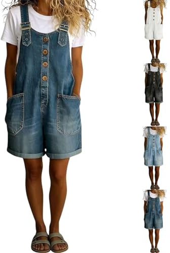 Denim Dungarees for Women UK Loose Fit Sleeveless Casual Short Overalls Adjustable Straps Bib Shortalls Cotton Stretch Washed Distressed Vintage Playsuits with Front Pockets Maternity Jumpsuit