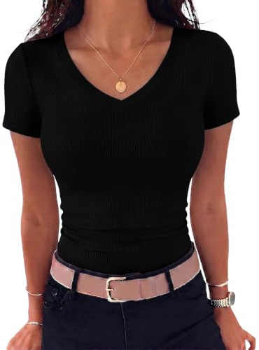 Aottori Tee Shirt Femme Col V Manches Courtes Côtelée Moulant Élastique Été | Top Femme Basique, Chic Et Élégant, Confortable Léger, Doux Respirant, Décontracté, Quotidien, Bureau, Casual