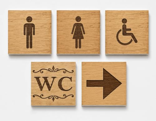 GOYAPRINT Pack 5 Señales Aseos Imitación Madera 12x12 cm – Carteles WC Hombre Mujer Accesible y Flecha – PVC Rígido 5 mm – Señalización Decorativa para Bares, Restaurantes, Casas Rurales y Comercios