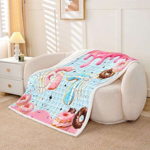Loussiesd Manta de sherpa rosa y azul de 6 a 7 pulgadas, manta de felpa mullida de helado, goteo, dúnuts y salpicaduras, manta de forro polar para niños y niñas, temática de cumpleaños de 6 a 7 años