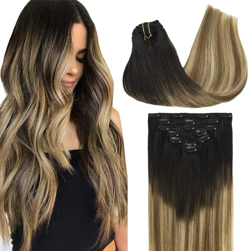 GOO GOO Clip in Human Hair Extensions, 16inch 120g 7pcs, Hair Extensions Clip in, 2/6/18 Balayage Brown to Dirty Blonde