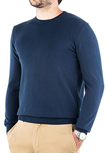 Cashmere Zone-Maglione Uomo Girocollo in Puro Cotone Egiziano Artigianalità Italiana e Confort a Manica Lunga (XL, Blu)