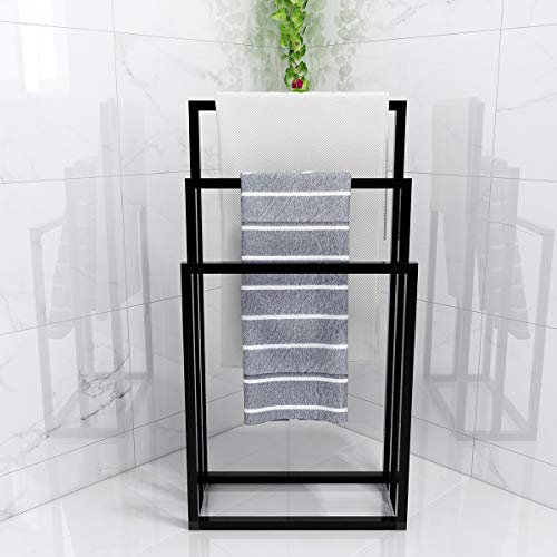 Metal Towel Bathroom Rack 3 Bars Freestanding Drying Shelf 3 Tier Storage Organizer Washcloths Holder (Black)