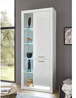 Stauraumelement Mats Tiefzieh Hochglanz/weiß Melamin 80x195x37cm Tür Links Vitrine Highboard Kommode Wohnzimmerschrank Regal Schrank Stauraum Farbe mit Beleuchtung