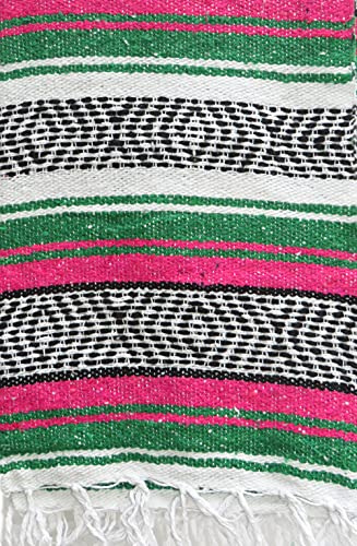 DistinctLook Mexican Falsa Blanket/Throw/Rug, 6 colours HAND LOOMED Recyled Yarn Yoga Meditation Camping Picnic Festival (Pink and Green)