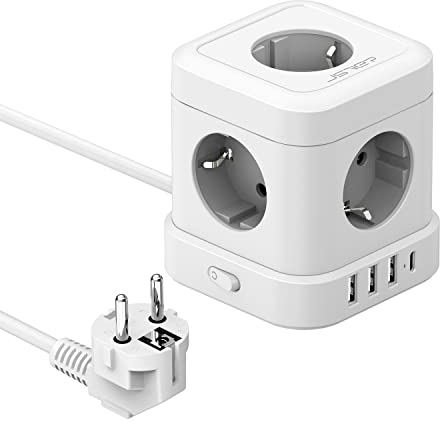 JSVER Cube Enchufe USB con 5 Tomas y 4 Puertos de USB (17W),Regleta Enchufe Alargador(3680W 16A) con USB C Multiple Carga para Samsung iPad iPhone Tablets - Cable 2 m Blanco