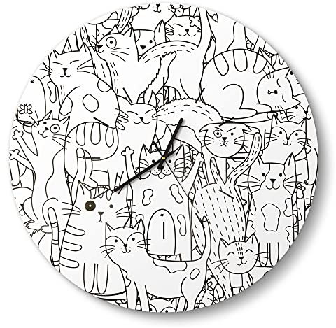 DEQORI Glasuhr | rund Ø 50 cm | Motiv Comic-Katzen | große XXL Design Uhr aus Glas | leise Wanduhr für Wohnzimmer & Küche | Moderne Hingucker Uhr für die Wand