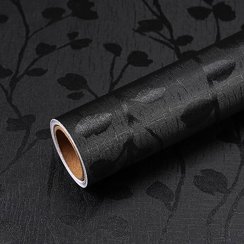 VEELIKE Papel Pintado Negro Hojas Ramas Papel Pared Textura Papel Adhesivo para Muebles Salon Papel Autoadhesivo Pared Negro Papel Tapiz Habitación Papel de Pared Cocina Impermeable Baño 40cm×300cm