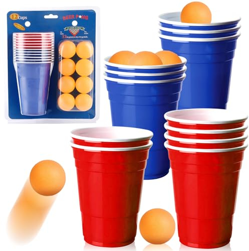 Funmo Pong Becher, Pong Partybecher 480ml /16OZ Bier Pong Party Becher Wiederholbare Trinkbecher mit Bällen, Partybecher 6 Rot und 6 Blau für Camping Cocktail Bier Geburtstag Hochzeit
