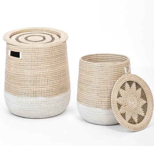 Cesto para la Ropa Sucia con Tapa,Cestas Trenzadas de Vietnam, Cesta de Almacenamiento,Cestas Tejidas a Mano,Cuenco Decorativo, Versátil,Juego de 2,Tamaño L/S