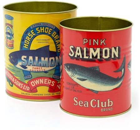 Carousel Home Juego de 2 latas de almacenamiento de salmón de estilo retro vintage | 2 latas de réplica de latas decorativas de pescado estañadas | Latas de almacenamiento de metal