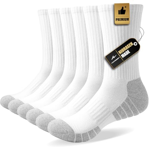 Niorasen Chaussettes Hommes Femmes 43-46, 6 Paires Chaussettes De Sport En Coton Respirantes, Chaussettes De Trekking, Chaussettes De Course Hautes Performances Rembourrées, Blanc