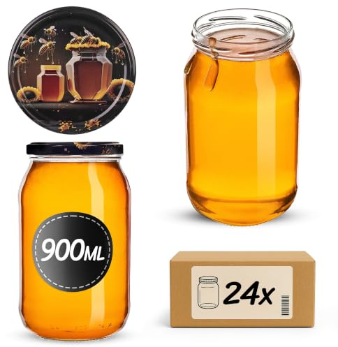 KADAX Set med 24 konserveringsburkar 900 ml TO82 honung, stora fallburkar med skruvlock, konserveringsburkar fermenteringsglas för gurkor, grönsaker, surdeg