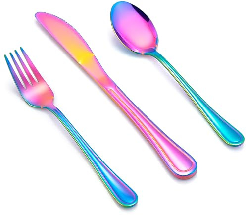 E-far 6-Piece Kids Silverware, Stainless Steel Toddler Utensils Safe for Preschooler/Children, Includes 2 Forks 2 Spoons 2 Knife, Slimline Adult Look & Small Size, Rust Free & Dishwasher Safe-Rainbow