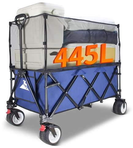 TOPWELL Bollervagn vikbar med tak, handvagn, transportkärra, utrustningsvagn, 10 cm breda hjul-445I stor kapacitet med broms, justerbart handtag för camping, shopping (blå)