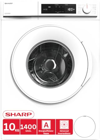 Sharp ES-NFA014WWNA-DE Waschmaschine, 10 kg, 1400 U/min, Energieeffizienzklasse A, AquaStop, AllergySmart, LED-Display, Inverter Motor, Frontlader, Weiß