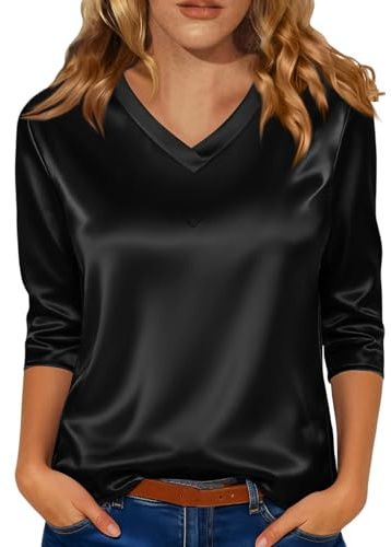Blusas de satén para mujer, manga 3/4, de seda, cuello en V, camisas de vestir, estilo casual, holgadas, para negocios, trabajo, oficina, XXL