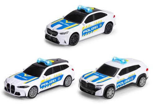Dickie Toys BMW Police Cars 1:36 (15 cm), Voiture de Police pour Enfants à partir de 3 Ans, Friction, lumière et Son, Try Me, Licence Officielle BMW, 3 Compartiments, sélection aléatoire