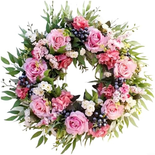 Risveglio Ghirlanda floreale primaverile fatta a mano con rose e ortensie in seta, ghirlanda di fiori artificiali per porta, matrimonio, decorazione della casa, rosa, 45 cm