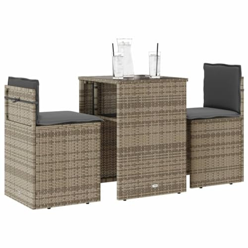 YunCangg 3-TLG. Bistro-set beige poly rotting med kudde, väderbeständigt trädgårdsmöbelset, sittgrupp med bord, stol och bekväm stoppningskudde för terrass, balkong, utomhus, veranda, vinterträdgård