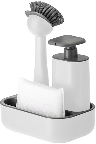 Vigar - Set Fregadero - Con Cepillo, Esponja y Dispensador de Jabón - 19 x 13 x 26.5 cm - Rengo - Dispensador de 200 ml - No Raya la Vajilla - Blanco