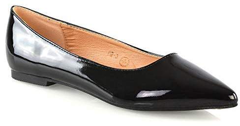 ESSEX GLAM Women's Flat Slip On Pumps Ladies Pointed Toe Ballet Work Shoes Size 3-8 Black Patent