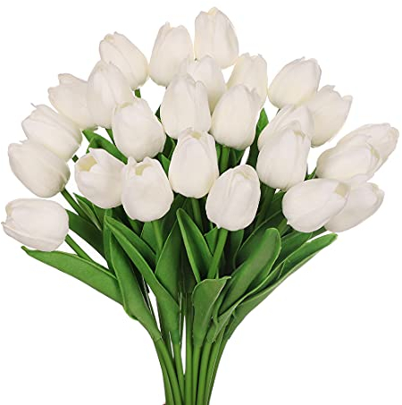 huaao 24pcs Tulipes Fleurs Artificielles Blanche en Latex Toucher Réel Bouquets Fête Table Mariage Décoration de Maison Nuptiale Prénatale Bureau Arrangements Floraux